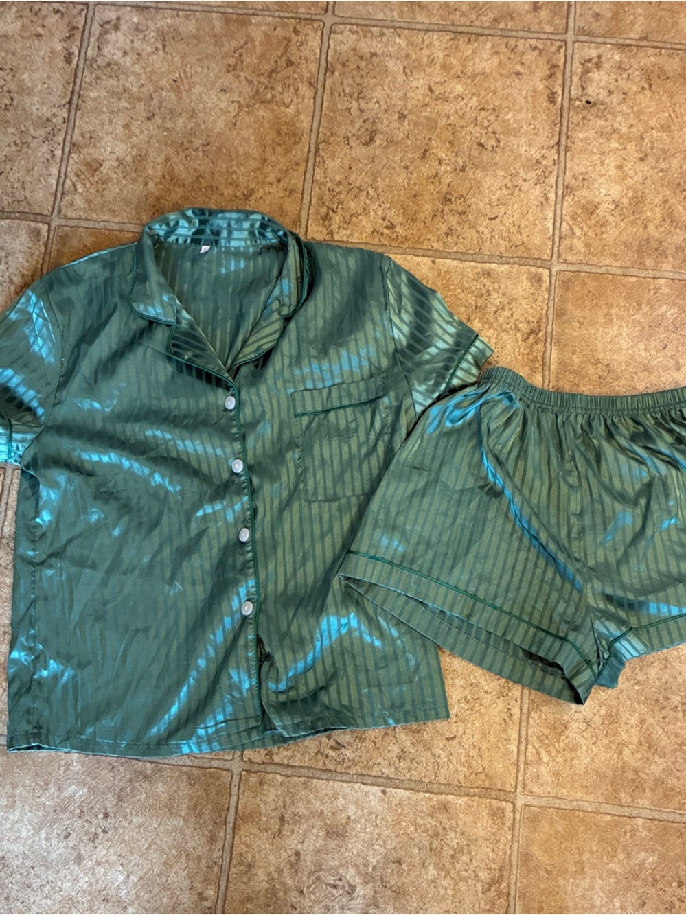 Women’s Green Satin Stripe Short Pajama Set - Brand Unspecified